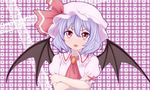  bat_wings blouse blue_hair brooch cravat crossed_arms fang hat hat_ribbon jewelry lace_background looking_at_viewer misumo mob_cap open_mouth plaid plaid_background puffy_short_sleeves puffy_sleeves red_eyes remilia_scarlet ribbon short_hair short_sleeves solo touhou upper_body wings 