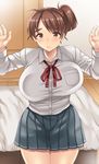  bed blush breast_press breasts brown_eyes brown_hair dress_shirt frown inaho large_breasts looking_at_viewer original pleated_skirt school_uniform shirt short_hair side_ponytail skirt solo sweat thighs 
