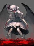  azuki_(azuki-taste) bat_wings blood bone bow dress frilled_shirt frilled_shirt_collar frilled_sleeves frills grey_background hat hat_ribbon highres mob_cap pink_dress red_eyes remilia_scarlet ribbon ribbon-trimmed_headwear ribbon_trim shirt short_hair short_sleeves silver_hair simple_background solo touhou vampire wings 