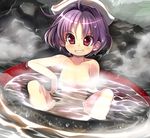  afloat areolae bathing collarbone convenient_censoring grin in_bowl in_container nude onsen purple_eyes purple_hair shope smile solo sukuna_shinmyoumaru touhou towel towel_on_head water 