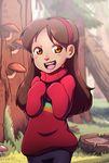 braces brown_hair forest gravity_falls long_hair mabel_pines nature open_mouth skirt smile solo sweater 