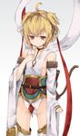  andira_(granblue_fantasy) animal_ears blonde_hair breast_conscious breasts brown_eyes commentary_request detached_sleeves erune granblue_fantasy highres leotard long_sleeves monobe_tsukuri no_bra pout sash shawl short_hair small_breasts solo tail tears thighhighs tiara wide_sleeves 