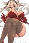  alternate_costume awata_mokane black_legwear blonde_hair breasts dark_skin dominatrix elbow_gloves from_below garter_straps gloves hair_between_eyes kantai_collection large_breasts looking_at_viewer musashi_(kantai_collection) parted_lips red_eyes red_gloves short_hair skindentation solo thighhighs thighs twintails two_side_up 