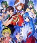  6+girls baseball_bat blonde_hair blue_eyes bow brown_hair child cleaver fox_mask furude_rika ginnoturu green_eyes green_hair gun hair_bow hair_ribbon hairband hakama hanyuu hat higurashi_no_naku_koro_ni horns houjou_satoko japanese_clothes long_hair looking_at_viewer maebara_keiichi mask mask_on_head miko multiple_girls open_mouth orange_hair pink_eyes ponytail red_hakama ribbon rope ryuuguu_rena shikishi short_hair siblings sonozaki_mion sonozaki_shion twins weapon 