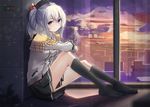  ano54 black_legwear character_name copyright_name elbow_on_knee epaulettes gloves hat kantai_collection kashima_(kantai_collection) kneehighs long_hair looking_at_viewer purple_eyes silver_hair sitting skirt smile solo twintails uniform wavy_hair window 