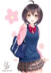  :d absurdres ahoge bashosho black_hair blush bow brown_eyes dated highres idolmaster idolmaster_cinderella_girls kohinata_miho open_mouth short_hair smile solo sweater_vest 