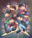  :&lt; :3 black_hair bowl_cut brothers cat chin_rest commentary esper_nyanko heart heart_in_mouth highlights hood hoodie lapres male_focus matsuno_choromatsu matsuno_ichimatsu matsuno_juushimatsu matsuno_karamatsu matsuno_osomatsu matsuno_todomatsu messy_hair multicolored_hair multiple_boys osomatsu-kun osomatsu-san sextuplets shiny shiny_clothes siblings sitting sleeves_past_wrists smile star v 
