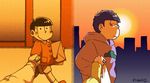  1girl age_progression bad_id bad_twitter_id child eri_muuton holding_hands hood hoodie jitome matsuno_ichimatsu matsuno_matsuyo messy_hair mother_and_son orange_sky osomatsu-kun osomatsu-san sextuplet_(osomatsu-kun) shorts sky smile solo_focus walking 