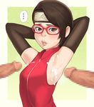  1girl after_sex armpit_sex armpits arms_behind_head arms_up bad_id bad_pixiv_id bangs black_gloves black_hair blush breasts brown_eyes censored cum cum_on_body cum_on_upper_body disembodied_penis elbow_gloves forehead_protector glasses gloves konohagakure_symbol lips looking_at_viewer maou_alba mosaic_censoring multiple_penises naruto naruto_(series) penis red-framed_eyewear sleeveless small_breasts solo_focus sweatdrop swept_bangs uchiha_sarada zipper 