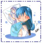  animal_ears bangs blue_hair blush brown_eyes chibi dakimakura_(object) dog_ears dog_tail ginnoturu idolmaster idolmaster_(classic) kisaragi_chihaya long_hair looking_at_viewer marker_(medium) multiple_girls nude pants pillow shijou_takane signature silver_hair simple_background tail traditional_media very_long_hair yuri 