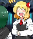  ^_^ antennae blonde_hair blush cape closed_eyes commentary_request fangs green_hair hair_ribbon holding_stomach laughing m-1_grand_prix mizuga multiple_girls open_mouth ribbon rumia short_hair smile sweatdrop touhou wriggle_nightbug 