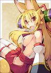  animal_ears blonde_hair breasts detached_sleeves eyebrows fang fox_ears fox_tail hip_vent izuna_(shinrabanshou) japanese_clothes long_hair looking_at_viewer medium_breasts miko multiple_tails no_panties open_mouth red_eyes saru_000 scroll shinrabanshou sideboob sitting solo tail thighhighs white_legwear 