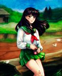  brown_eyes bug butterfly commentary crying crying_with_eyes_open day dirty elena_ivlyushkina faux_traditional_media floating_hair green_skirt higurashi_kagome house insect inuyasha jewelry long_hair long_sleeves looking_at_viewer necklace outdoors parted_lips puffy_long_sleeves puffy_sleeves school_uniform serafuku sitting skirt solo tears tree 