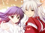  1girl animal_ears ayamisiro blush brown_eyes dog_ears grin happy higurashi_kagome inuyasha inuyasha_(character) jewelry long_hair looking_at_viewer necklace outstretched_hand pearl_necklace purple_hair smile white_hair 