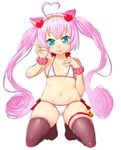  ahoge animal_ears aqua_eyes ass_visible_through_thighs bikini cat_ears flat_chest full_body green_eyes hairband halterneck heart_ahoge kneeling long_hair looking_at_viewer navel no_shoes onsoku_maru pink_hair rosia_(show_by_rock!!) show_by_rock!! simple_background solo swimsuit thigh_strap thighhighs twintails white_background yellow_hairband 