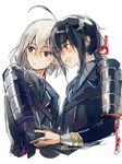  ahoge armor honebami_toushirou japanese_armor male_focus military military_uniform multiple_boys namazuo_toushirou necktie nuriko-kun open_mouth shoulder_armor sode touken_ranbu uniform upper_body white_background 