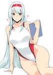  blush breasts clipboard competition_swimsuit curvy harukon_(halcon) headband heart highleg highleg_swimsuit highres kantai_collection large_breasts long_hair one-piece_swimsuit shoukaku_(kantai_collection) silver_hair sitting smile solo swimsuit thighs very_long_hair white_hair yellow_eyes yokozuwari 