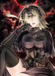  :d armor black_capelet blonde_hair capelet chain dark_clouds fate/grand_order fate_(series) gauntlets highres jeanne_d'arc_(alter)_(fate) jeanne_d'arc_(fate)_(all) kurose_nao open_mouth short_hair sitting smile solo thighhighs yellow_eyes zettai_ryouiki 