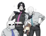  =_= alternate_costume androgynous android belt bent_over black_gloves black_hair black_sclera bone brown_hair closed_eyes frisk_(undertale) gloves grin hair_over_one_eye hand_in_pocket long_sleeves looking_at_another looking_at_viewer mettaton_ex multiple_boys necktie pants papyrus_(undertale) pink_eyes sans shirt short_hair simple_background skeleton skull smile smirk sparkle teeth undertale v wadani_hitonori white_background 