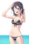  1girl bikini black_bikini black_hair breasts cleavage collarbone cowboy_shot eyewear_on_head foreshortening front-tie_top groin highres horizon love_live! love_live!_sunshine!! love_live!_sunshine!!_the_school_idol_movie_over_the_rainbow medium_breasts navel ocean one_eye_closed open_mouth purple_eyes salute side-tie_bikini smile solo sunglasses swimsuit v watanabe_tsuki white_background yamamoto_chavez 