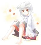  1girl animal_ears barefoot highres inubashiri_momiji kibisake red_eyes ribbon-trimmed_sleeves ribbon_trim shirt short_hair sitting sketch skirt tail touhou white_hair wide_sleeves wolf_ears wolf_tail 