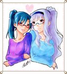  alternate_hairstyle bangs blue_hair blunt_bangs blush collarbone ginnoturu glasses hair_up heart idolmaster idolmaster_(classic) kisaragi_chihaya long_hair looking_at_another marker_(medium) multiple_girls open_mouth ponytail shijou_takane silver_hair simple_background smile traditional_media very_long_hair yuri 