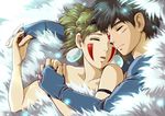  1girl armlet ashitaka bare_arms blanket brown_hair collarbone commentary couple earrings emi_(green_wave) facepaint facial_mark fur hairband hetero holding_hands hug jewelry light_particles mononoke_hime open_mouth san scar short_hair sleeping studio_ghibli topless under_covers upper_body 