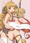 ;d andira_(granblue_fantasy) anila_(granblue_fantasy) animal_ears ass bare_shoulders blonde_hair blush breasts clearite cleavage detached_sleeves draph erune eyebrows flying_sweatdrops from_behind granblue_fantasy hand_on_another's_shoulder horns large_breasts long_hair looking_at_viewer looking_back monkey_ears monkey_tail multiple_girls one_eye_closed open_mouth partially_visible_vulva profile red_eyes sheep_horns short_hair smile tail thighhighs translation_request wedgie yellow_eyes 