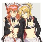  2girls absurdres apron arm_around_shoulder artoria_pendragon_(all) artoria_pendragon_(swimsuit_rider_alter) artoria_pendragon_(swimsuit_rider_alter)_(cosplay) bikini black_bikini black_hoodie blonde_hair blue_eyes blush breasts broom cleavage collar commentary_request cosplay eyebrows_visible_through_hair fate/grand_order fate_(series) frilled_bikini frilled_collar frills frown fujimaru_ritsuka_(female) hand_on_hip highres hood hoodie isaka looking_at_viewer maid_apron maid_bikini maid_headdress matching_outfit medium_breasts medium_hair mordred_(fate) mordred_(fate)_(all) multiple_girls navel open_clothes open_hoodie orange_eyes orange_hair ponytail raised_eyebrow side_ponytail simple_background stomach swimsuit upper_body white_background 