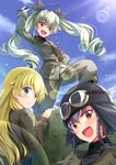  anzio_military_uniform belt black_footwear black_hair black_shirt blonde_hair blush boots braid brown_eyes carpaccio carro_armato_p40 cloud cloudy_sky commentary_request day dress_shirt drill_hair from_behind girls_und_panzer goggles goggles_on_headwear green_eyes green_hair grey_jacket grey_pants ground_vehicle hair_ribbon helmet holding jacket knee_boots lens_flare long_hair long_sleeves looking_at_viewer looking_back military military_uniform military_vehicle motor_vehicle necktie open_mouth pants pepperoni_(girls_und_panzer) red_eyes ribbon riding_crop shirt short_hair shoulder_belt side_braid sky smile standing tank twin_drills twintails uniform yukikaze_(aaassszzz) 