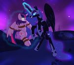  2016 bdsm bondage bound cloth_gag compression_artifacts duo equine female friendship_is_magic gag glowing horn levitation magic mammal my_little_pony nightmare_moon_(mlp) radiantrealm rope rope_bondage scared slit_pupils sparkles twilight_sparkle_(mlp) winged_unicorn wings 