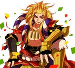  bad_id bad_pixiv_id blonde_hair facial_tattoo fingerless_gloves gloves long_hair maeda_keiji_(sengoku_musou) male_focus mojya open_mouth ponytail red_eyes sengoku_musou simple_background sitting solo tattoo white_background 