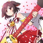  animal_ears bell brown_hair cow_ears electric_guitar fingerless_gloves gloves gradient gradient_background guitar hinnu@ao holmy_(show_by_rock!!) horns instrument looking_at_viewer midriff red_eyes red_skirt ribbon short_hair show_by_rock!! skirt smile solo star starry_background suspenders white_gloves 