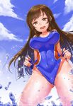  blush breasts brown_eyes brown_hair competition_swimsuit idolmaster idolmaster_cinderella_girls idolmaster_cinderella_girls_starlight_stage lhu_(barappra1) long_hair medium_breasts nitta_minami one-piece_swimsuit open_mouth smile solo swimsuit water 