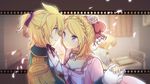  1girl akiyoshi_(tama-pete) bangs bedroom blonde_hair blue_eyes blurry book bow braid choker closed_mouth couple cravat crown_braid curtains dancing dress earrings epaulettes european_clothes eye_contact film_strip flower gloves hair_bow hair_ornament hair_ribbon hetero holding_hand jewelry kagamine_len kagamine_rin lace_trim long_sleeves looking_at_another lying on_bed on_stomach petals pink_dress pink_flower pink_rose projected_inset purple_ribbon reading red_bow ribbon rose short_hair smile swept_bangs vocaloid wall white_gloves 
