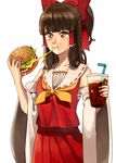  ascot bad_id bad_pixiv_id bow brown_hair cheese_trail cowboy_shot detached_sleeves drink eating food green_eyes hair_bow hair_tubes hakama_skirt hakurei_reimu hamburger hands_up io_(dhsmf145) long_hair ponytail red_eyes red_skirt reflective_eyes ribbon-trimmed_collar ribbon-trimmed_sleeves ribbon_trim simple_background skirt soda solo touhou white_background wide_sleeves 