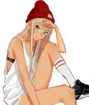  alessandra_susu bad_id bad_twitter_id blonde_hair blue_eyes blush bra casual earrings hoop_earrings jewelry long_hair looking_at_viewer rr_(suisse200) shoes sitting skull_cap smile sneakers solo tan tank_top tokyo_7th_sisters underwear 