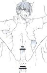  anal bangs bar_censor censored collarbone cum cum_in_ass cum_in_mouth cum_on_body cum_on_boy facial ginnoturu highres higurashi_no_naku_koro_ni looking_at_viewer maebara_keiichi male_focus multiple_boys multiple_penises nipples on_bed open_clothes open_mouth open_shirt penis sex shirt short_hair sketch solo_focus spread_legs sweat testicles white_shirt yaoi 