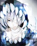  alo_(m-o-k-e-k-e) bandage_over_one_eye blue_eyes blurry collarbone highres male_focus original sharp_teeth silver_hair solo teeth white_skin 