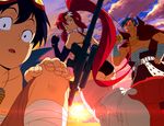  2boys anti-materiel_rifle blue_hair foreshortening grin gun hair_ornament junsaaaan kamina kamina_shades long_hair looking_at_viewer looking_back multiple_boys ponytail red_hair rifle shirtless simon skull_hair_ornament smile sniper_rifle sunset tengen_toppa_gurren_lagann thighhighs weapon yoko_littner 