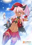  ;) adapted_costume animal_costume antlers butter-t cape chloe_von_einzbern cloud collar dark_skin day fate/kaleid_liner_prisma_illya fate_(series) flat_chest flying hat illyasviel_von_einzbern long_hair looking_at_viewer magical_ruby multiple_girls navel one_eye_closed patreon_logo patreon_username pink_hair pom_pom_(clothes) ponytail reindeer_costume sack santa_hat skirt smile snowflakes tattoo thighhighs v watermark web_address yellow_eyes 