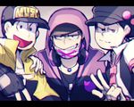  :3 artist_name black_hair brothers brown_eyes cabbie_hat casual chromatic_aberration fingerless_gloves gloves half-closed_eyes hat headphones headphones_around_neck highres hood hoodie jewelry jitome looking_at_viewer loose_necktie male_focus matsuno_ichimatsu matsuno_juushimatsu matsuno_todomatsu multiple_boys necklace necktie nyaph open_mouth osomatsu-kun osomatsu-san pink_neckwear shaded_face sharp_teeth siblings smile surgical_mask teeth urban v vest 