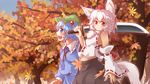  animal_ears autumn autumn_leaves blue_eyes blue_hair blush collaboration cue_(lindwrum) detached_sleeves hair_bobbles hair_ornament hat highres inubashiri_momiji kawashiro_nitori key leaf looking_at_viewer midriff multiple_girls nature navel open_mouth over_shoulder pom_pom_(clothes) red_eyes ribbon-trimmed_sleeves ribbon_trim short_hair silver_hair skirt smile sword tail tokin_hat touhou tree twintails two_side_up weapon weapon_over_shoulder wolf_ears wolf_tail 