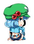  ass backpack bag blue_eyes blue_hair butt_crack chibi hair_bobbles hair_ornament hat jitome kawashiro_nitori looking_back open_mouth solo striped striped_legwear sugiura thighhighs touhou twintails two_side_up 
