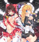  adapted_costume ahoge ascot ass blonde_hair blue_eyes breasts brown_hair cameltoe clenched_hand covered_nipples detached_sleeves fingerless_gloves gloves hakurei_reimu hat hisui_(stapspats) kirisame_marisa large_breasts long_hair looking_at_viewer microskirt multiple_girls revealing_clothes ribbon-trimmed_legwear ribbon-trimmed_sleeves ribbon_trim sash skirt thick_thighs thighhighs thighs toned touhou tsurime witch_hat wrestling_outfit 