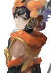  bangs brown_eyes brown_hair character_request closed_mouth fur_trim gloves headdress highres hunter.g looking_at_viewer looking_back monster_hunter monster_hunter_x pom_pom_(clothes) short_hair simple_background solo upper_body white_background 