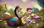  2015 absurd_res angel_(mlp) antlers black_hair blanket brown_fur carrot celebi-yoshi claws cutie_mark discord_(mlp) draconequus duo equine feathered_wings feathers female feral flower fluttershy_(mlp) food friendship_is_magic fur grass green_eyes grey_fur hair happy hi_res horn house lagomorph male mammal my_little_pony outside pegasus picnic pink_hair plant rabbit red_eyes sky smile tree vegetable white_fur wings yellow_feathers yellow_fur 