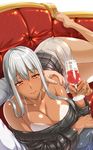  alcohol bare_shoulders breasts cleavage couch cup drinking_glass ebido hand_on_another's_shoulder highres large_breasts long_hair looking_at_viewer lying off-shoulder_sweater off_shoulder on_side orange_eyes pov ribbed_sweater selvaria_bles senjou_no_valkyria shiny shiny_skin silver_hair smile solo_focus sweater tan tanline thighs wine wine_glass 