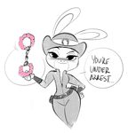  anthro bedroom_eyes blush breasts brokenlynx21 cleavage clothed clothing dialogue disney english_text female fuzzy_handcuffs half-closed_eyes hand_on_hip handcuffs hat judy_hopps lagomorph mammal misleading_thumbnail rabbit seductive shackles smile solo speech_bubble talking_to_viewer text zootopia 