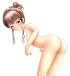  ass blush breasts brown_eyes brown_hair eyebrows_visible_through_hair highres ki_(kk-sk-ray) leaning_forward nipples nude original simple_background small_breasts solo 